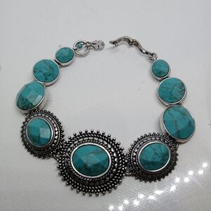 Lucky Brand Gem Bazaar Turquoise Stone Rounds Silver Tone Link Bracelet 7.5"